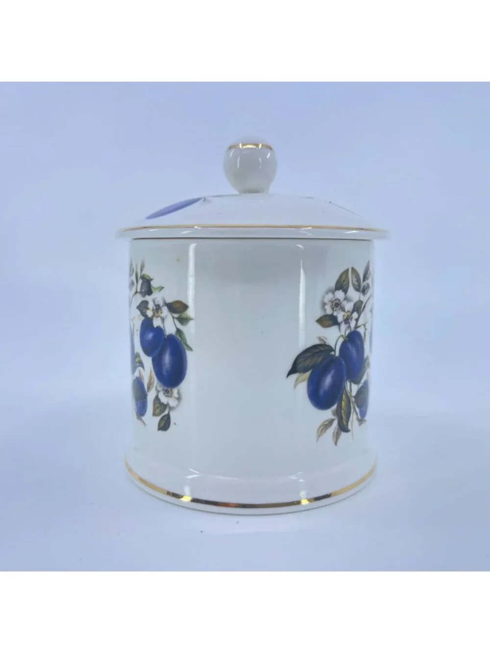 vintage fortnum & mason jam jar fine bone china blue plum motif gold trim